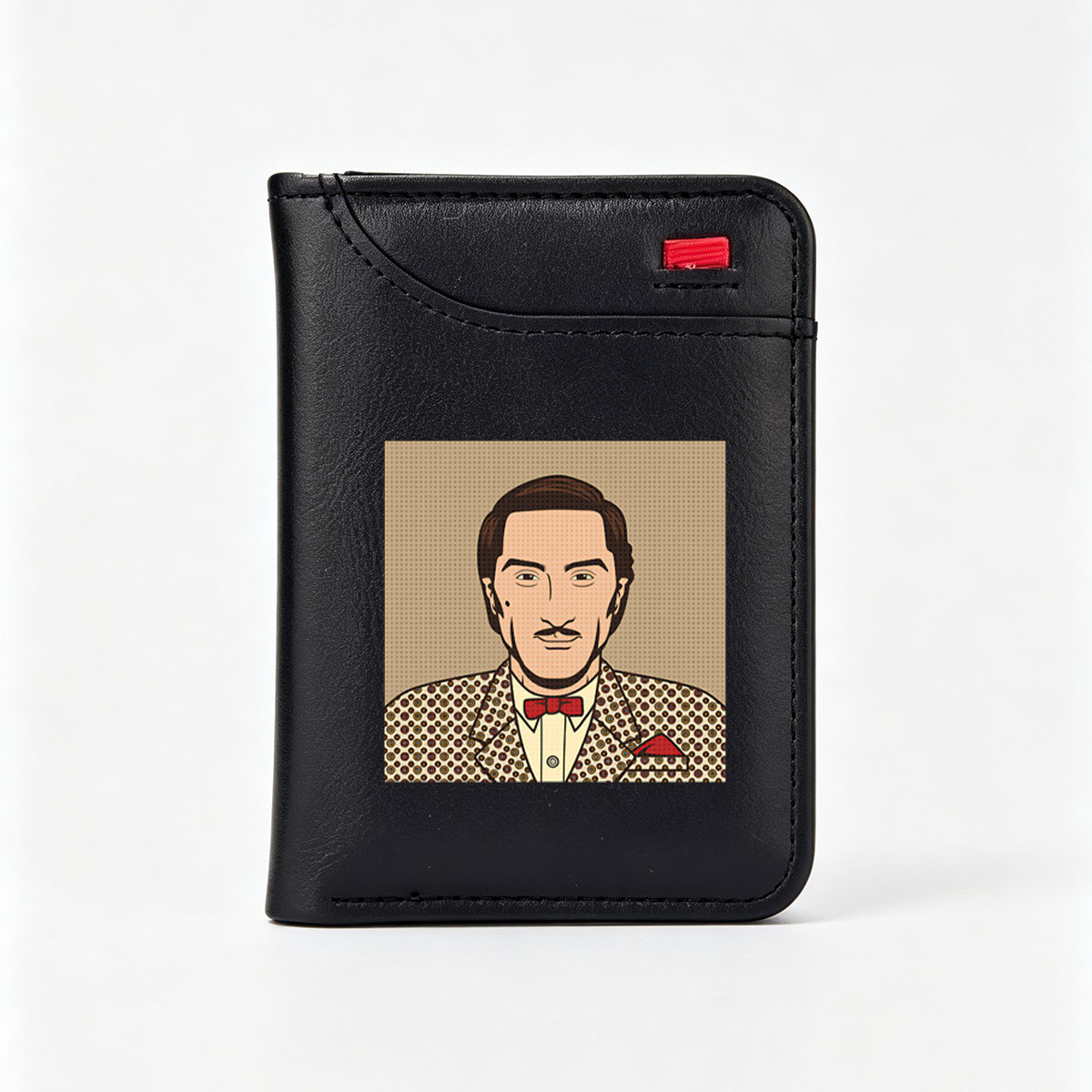 Dapper Gentleman in Patterned Suit and Red Bow Tie - Vertical Style Wallet