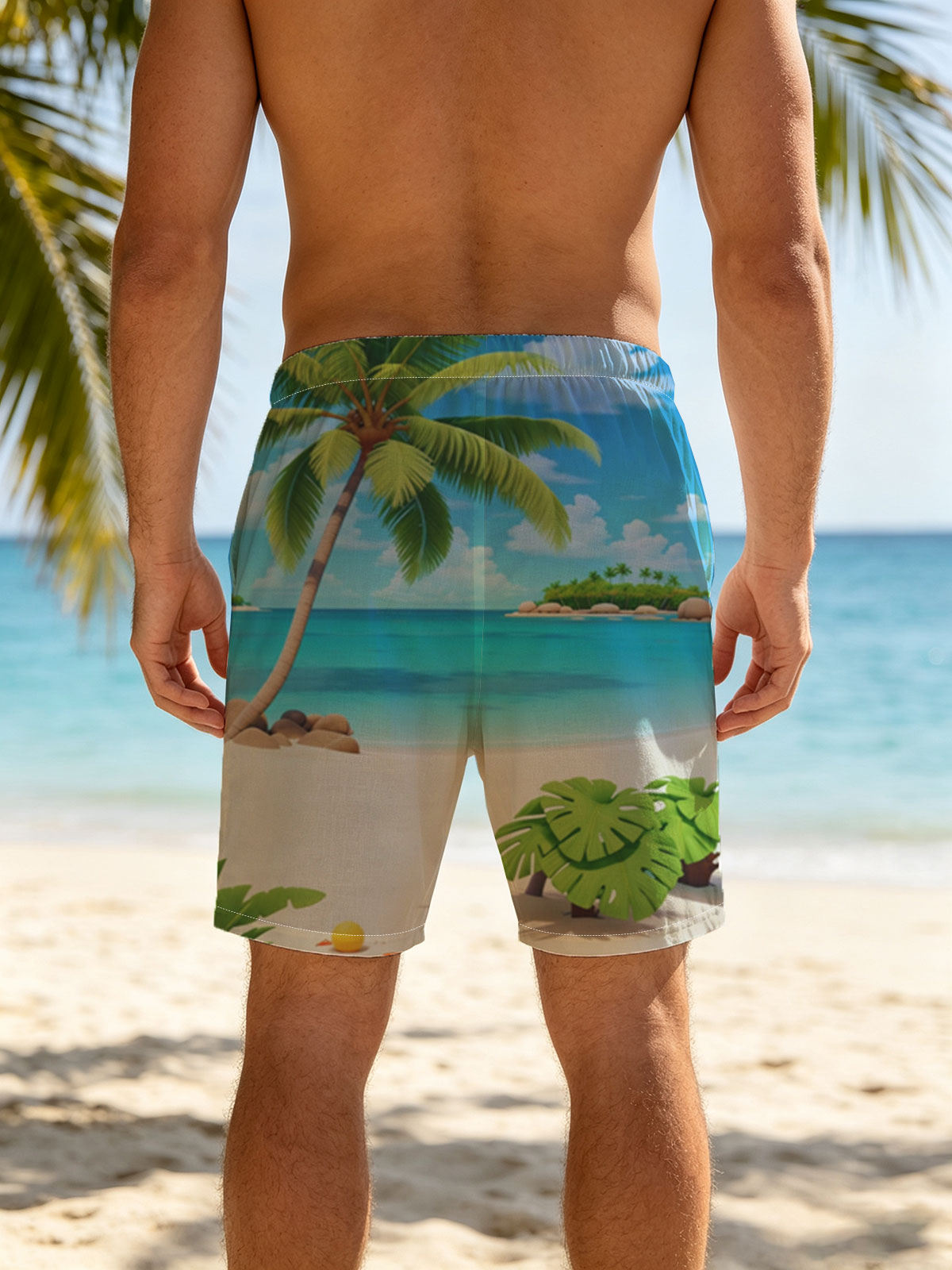 Tropical Beach with Palm Tree and Clear Blue Water -  Beach shorts