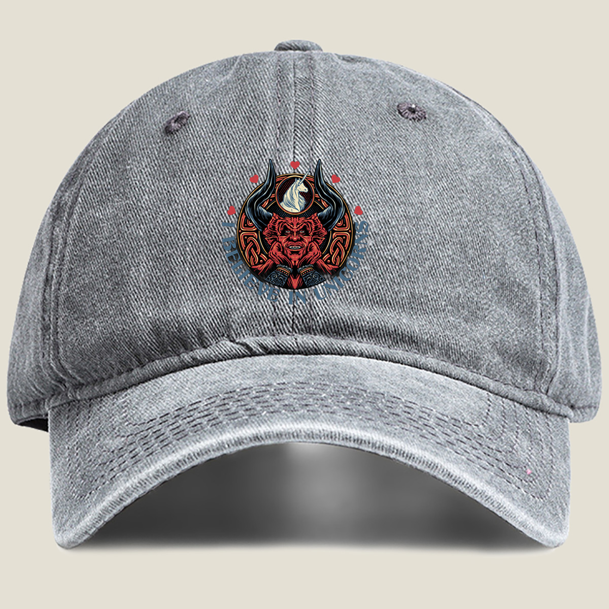I Believe in Unicorns - Devil and Unicorn Design - Washed Denim - Baseball Cap