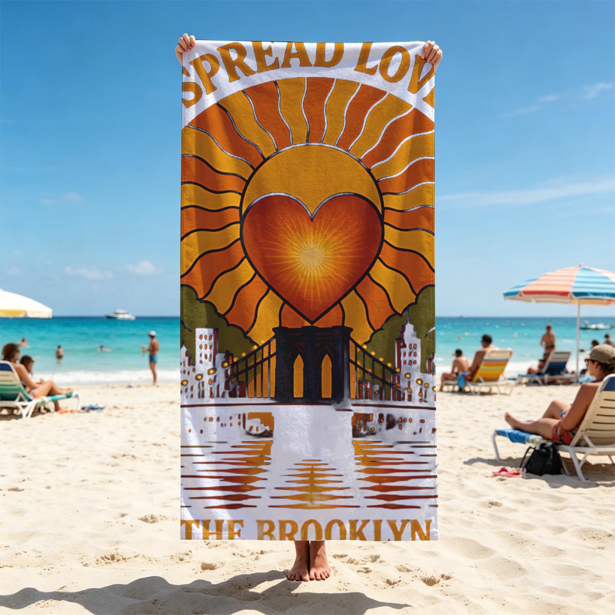Spread Love: It's the Brooklyn Way - Heart Sun Over Bridge Cityscape - Beach towels