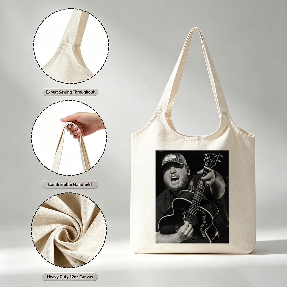 Luke Combs Performing with Acoustic Guitar in Black and White Photo - Canvas shoulder bags/