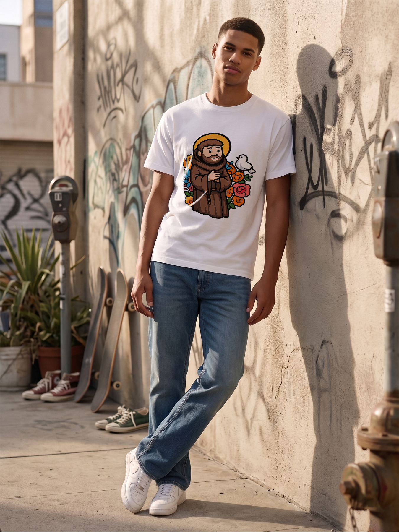 Men's Printed T-Shirt Saint Francis with Dove and Flowers Design Casual Round Neck Summer Lightweight Breathable Short Sleeve T-Shirt for Outdoor Activities and Daily Wear Adult Unisex Fit