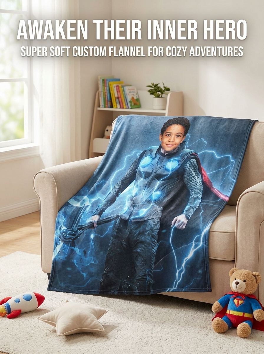 Custom Photo Superhero Flannel Blanket, Personalized Cozy Throw for Kids Adults Bed Couch, Memorable Keepsake Gift