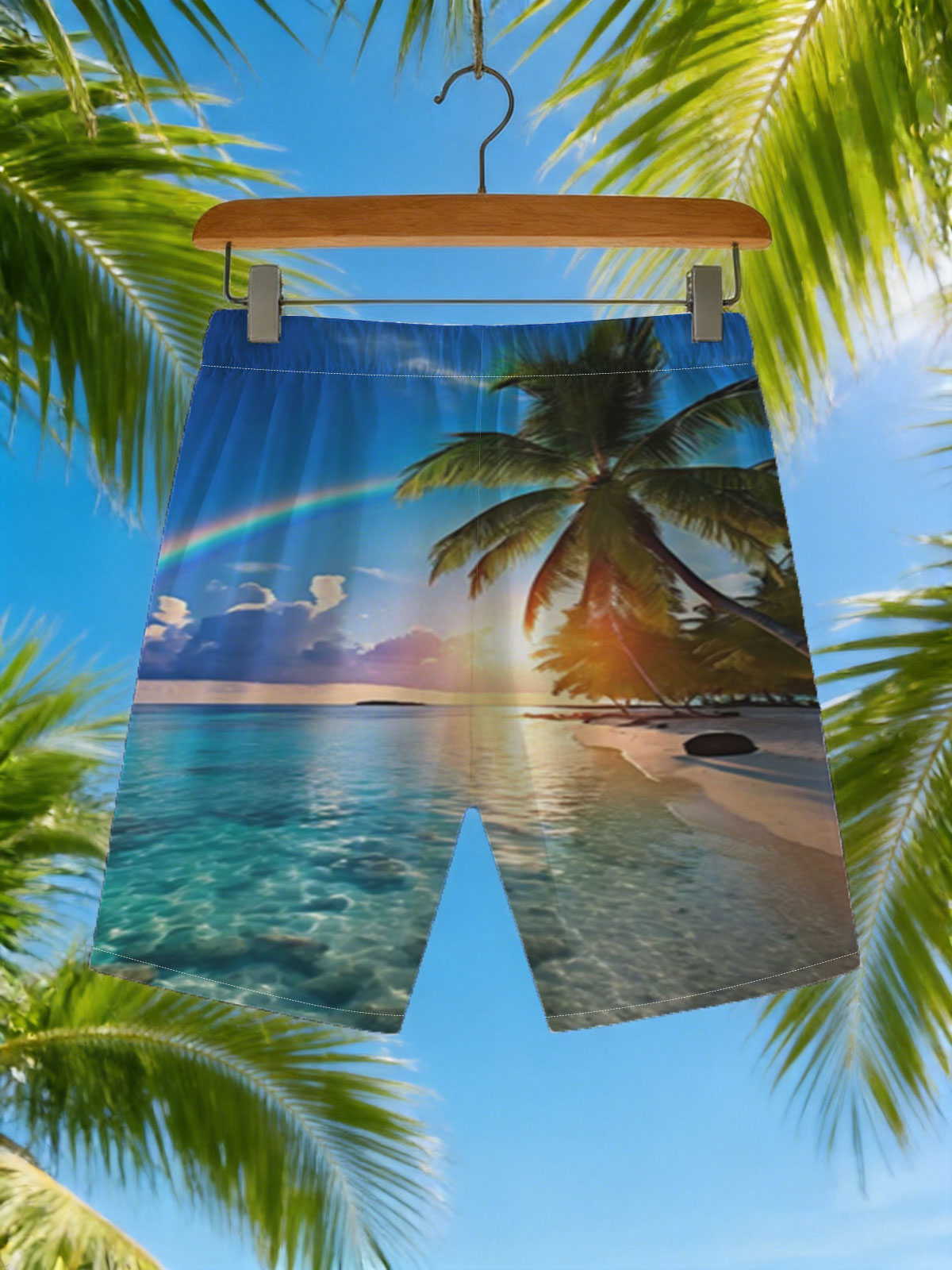 Tropical Beach with Rainbow and Palm Trees at Sunset -  Beach shorts