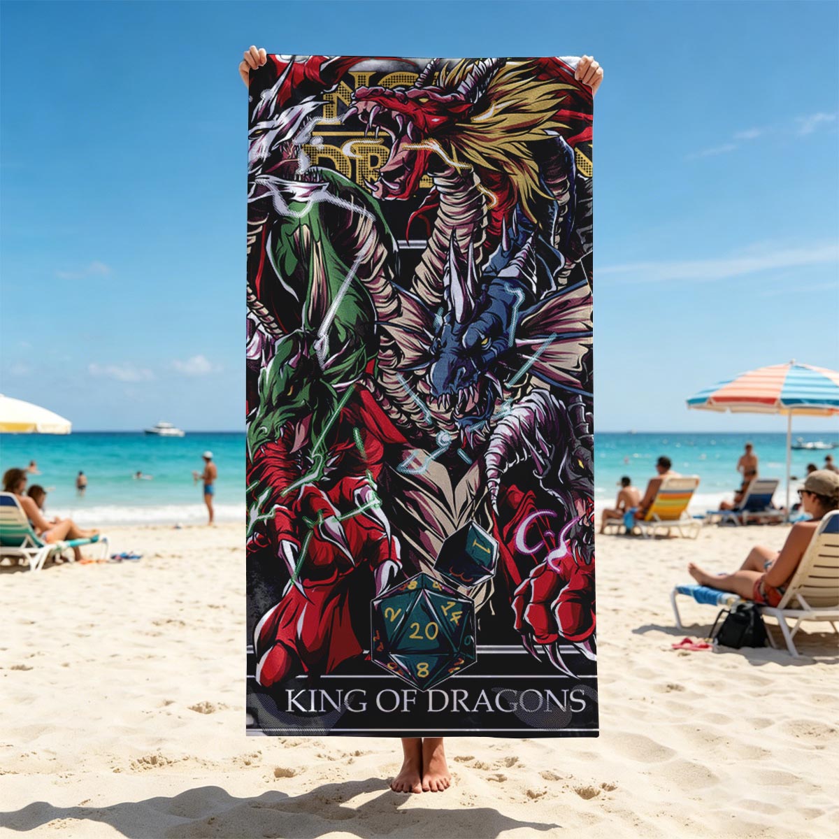 King of Dragons: Mythic Beasts and D20 Dice Fusion Art - Beach towels
