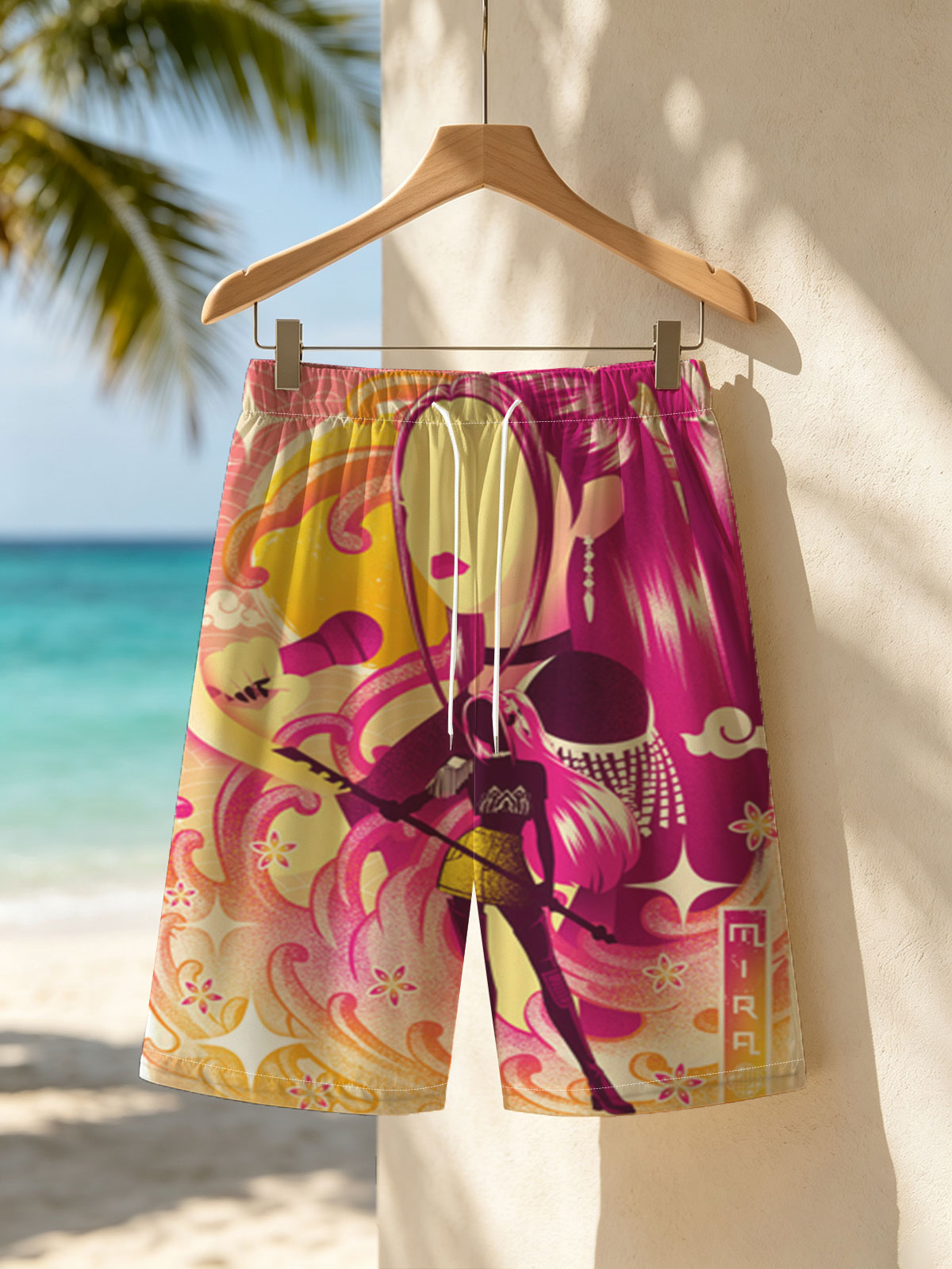 Mira, the Pink-Haired Singer with Microphone and Guitar, in a Vibrant, Stylized Artwork -  Beach shorts