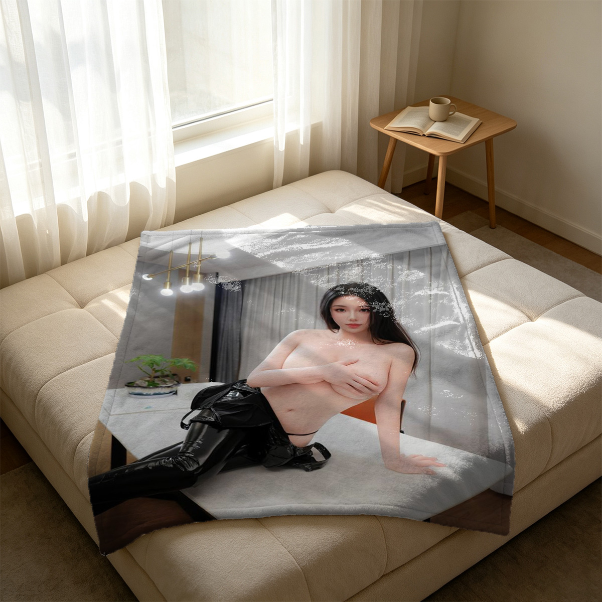 Nude Asian beauty in black stockings holding red bottom high heel on stairs. - Blanket