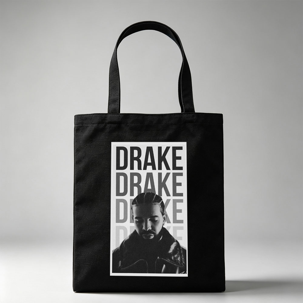 Drake in a Bold Monochrome Portrait with Stacked Name Typography - Canvas tote bags