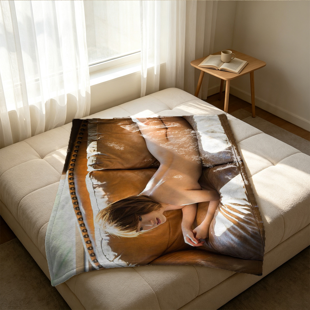 Blonde Woman in Sheer White Top Lying on Floor Pillow Stretching - Blanket