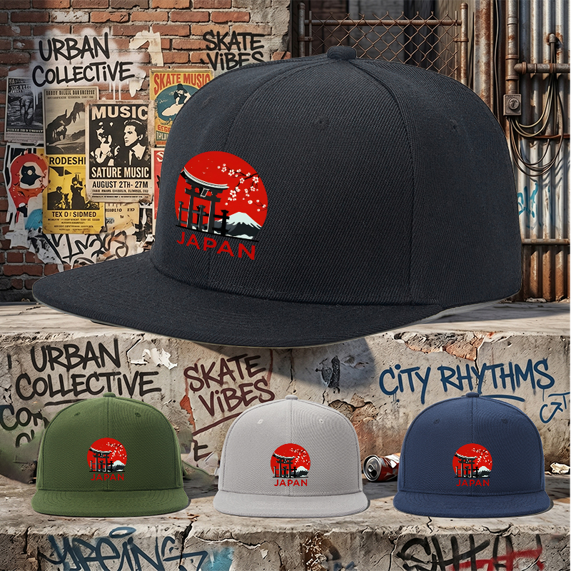Flat Brim Baseball Cap Japan Cherry Blossom Torii Gate Design Streetwear Underground Skate Style for Basketball Courts Urban Streets Skate Parks Skaters Rappers Streetwear Enthusiasts