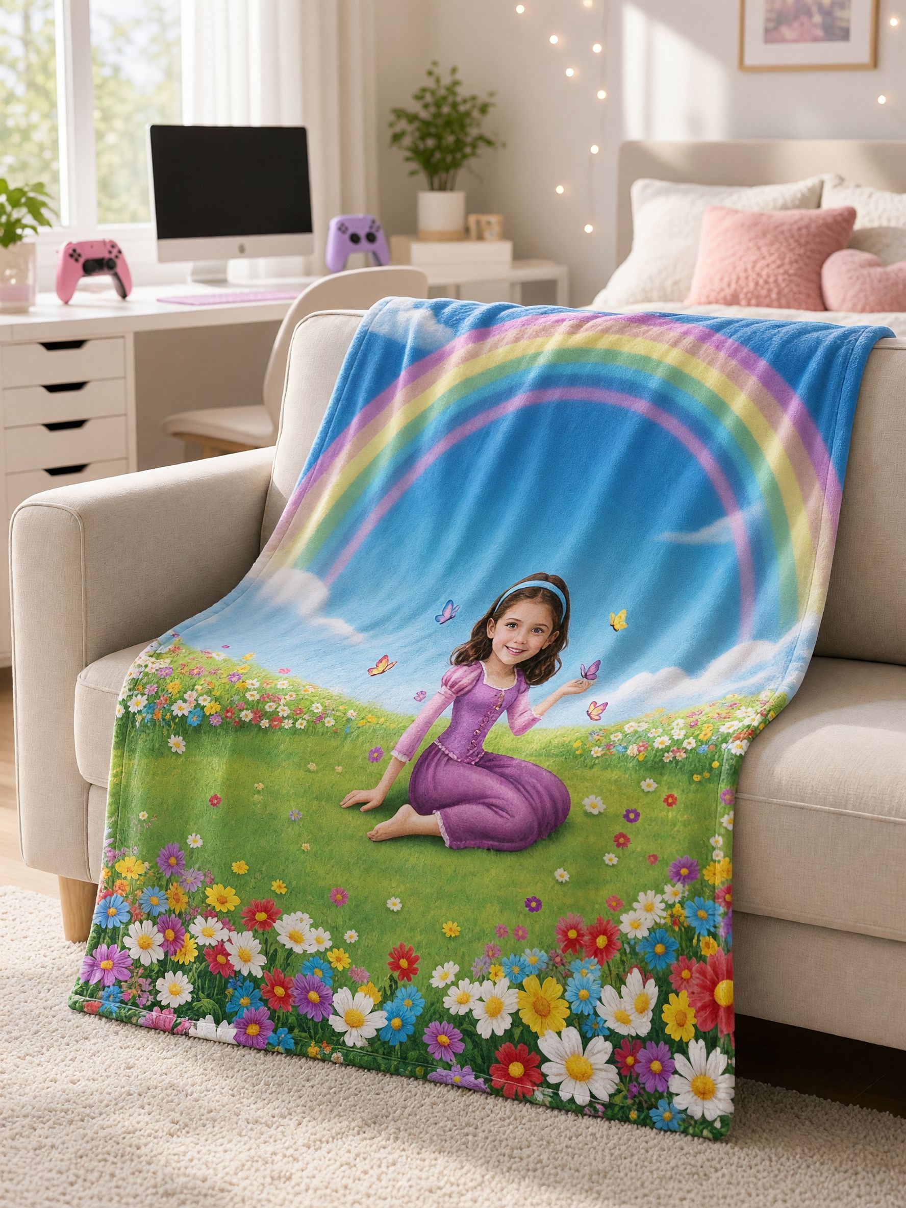Custom Face Photo Flannel Blanket, Personalized Princess Rainbow Throw for Kids and Girls, Ideal Keepsake Gift