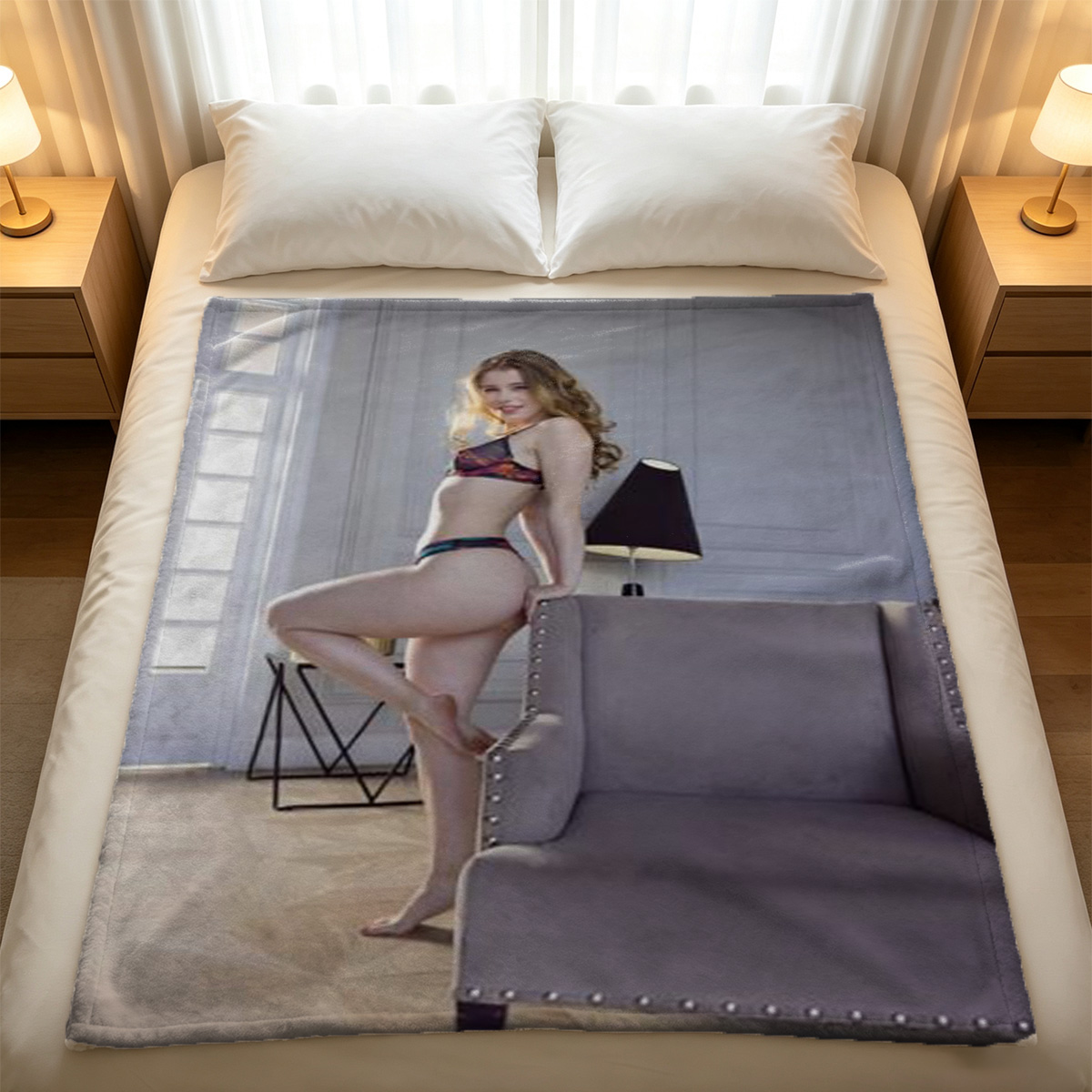 Nude Brunette on Red Sofa - Blanket