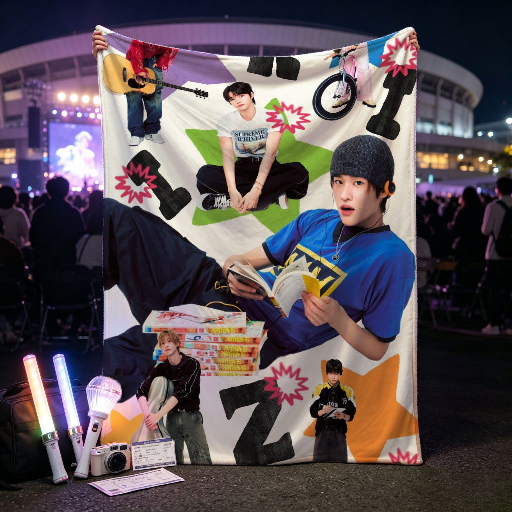 RIIZE Members in Casual Moments Reading, Playing Guitar, and Riding Bike with Vibrant Star Background - Blankets