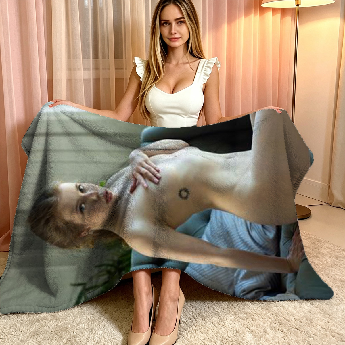 A woman in a pink micro bikini sitting on a chair in a bright room. - Blanket