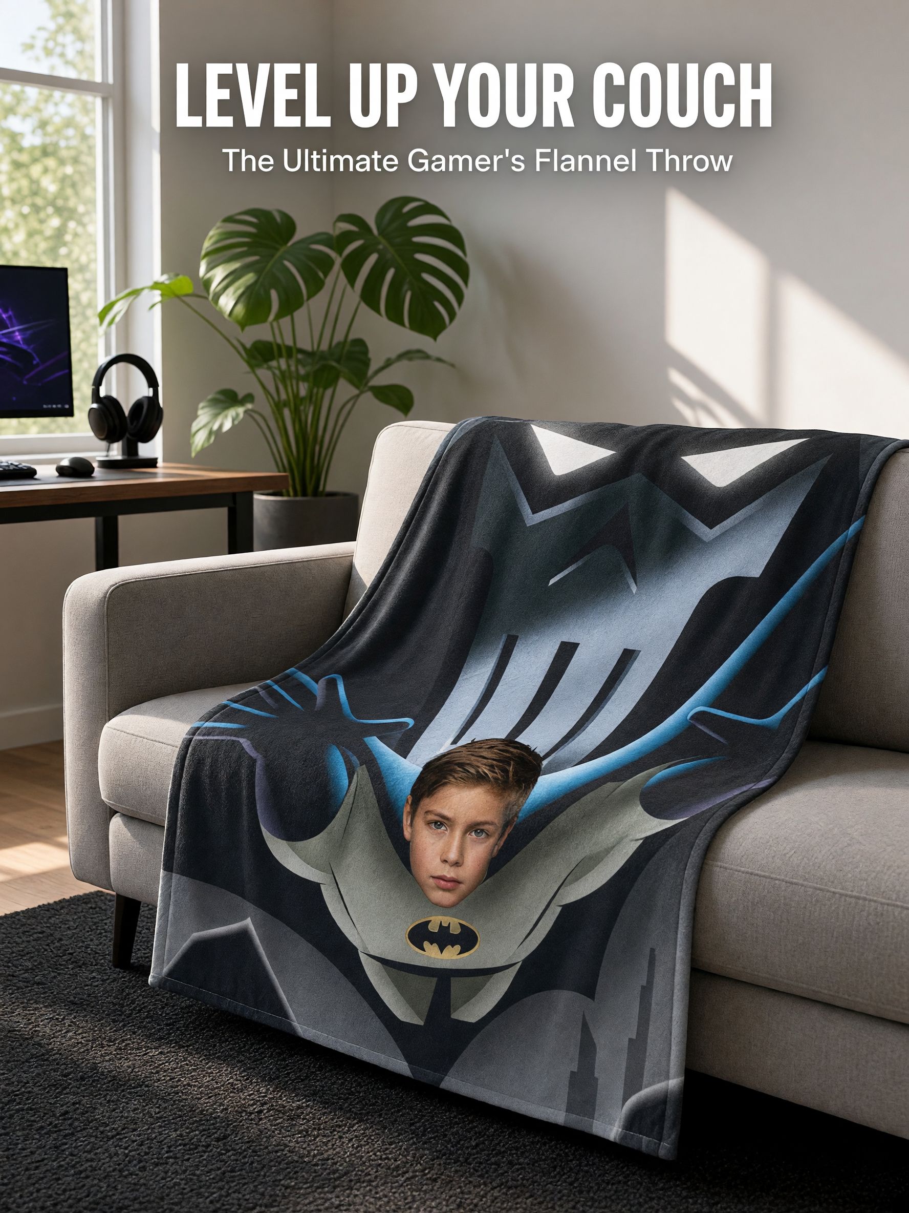Custom Photo Superhero Flannel Fleece Blanket, Personalized Face Throw for Boys, Cozy Bed and Couch Gift