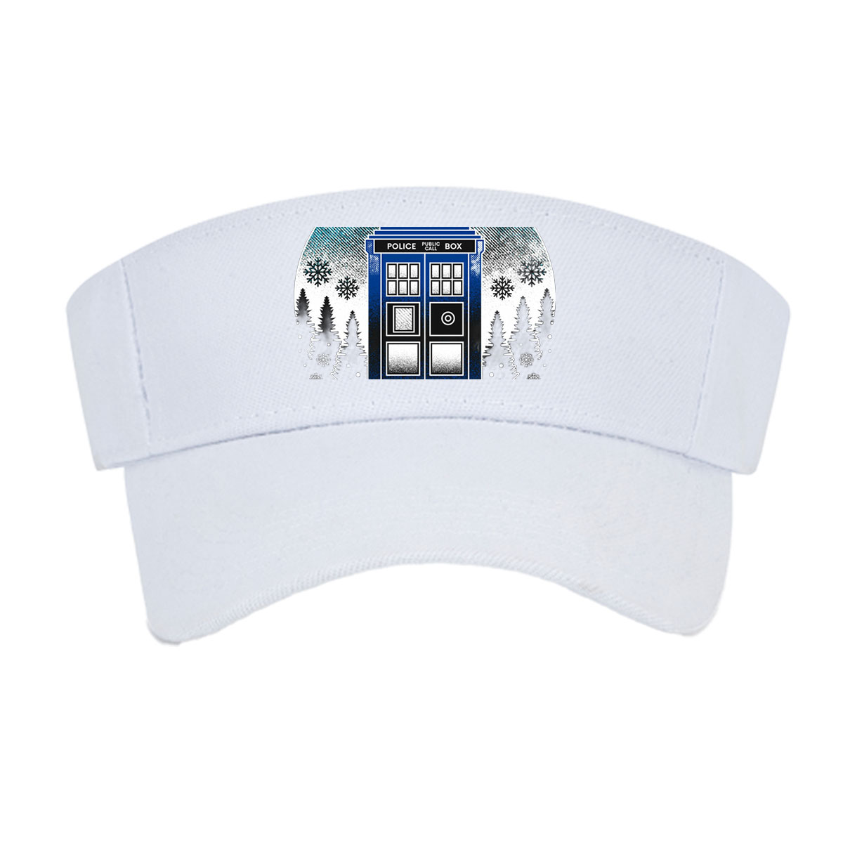 TARDIS in Winter Wonderland: Police Box Amid Snowy Pines -  Visor cap