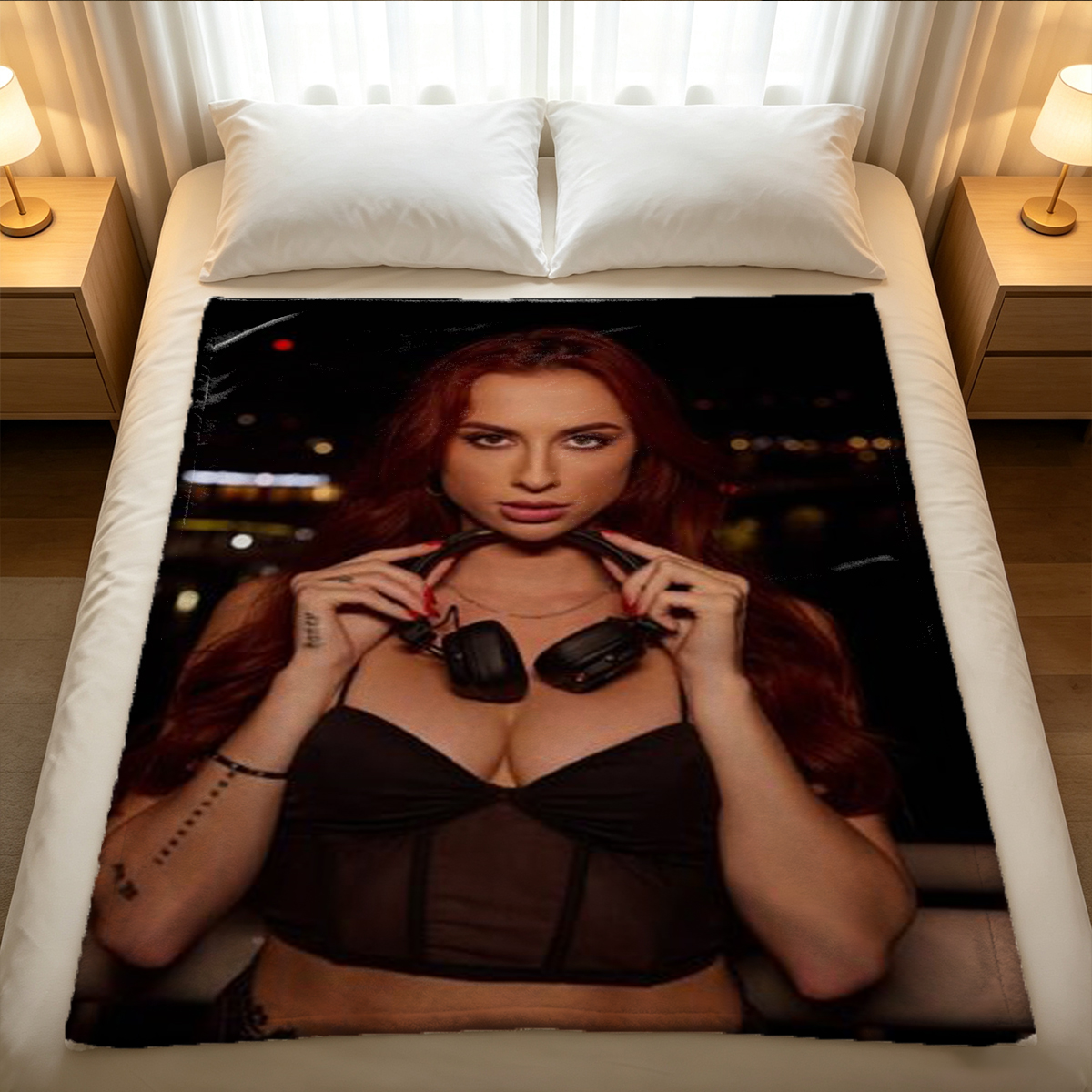 Japanese Woman in Black Lace Corset and Stockings Posing in Greenhouse - Blanket