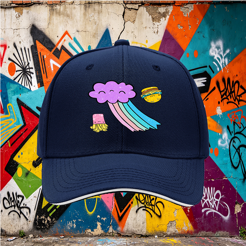Unisex Classic Sandwich Hat with Kawaii Rainbow Cloud, Happy Burger & Fries Print – Perfect for Casual Outings, Festivals, and Daily Wear – Ideal for Teens and Young Adults Loving Fun Food-Themed Fashion