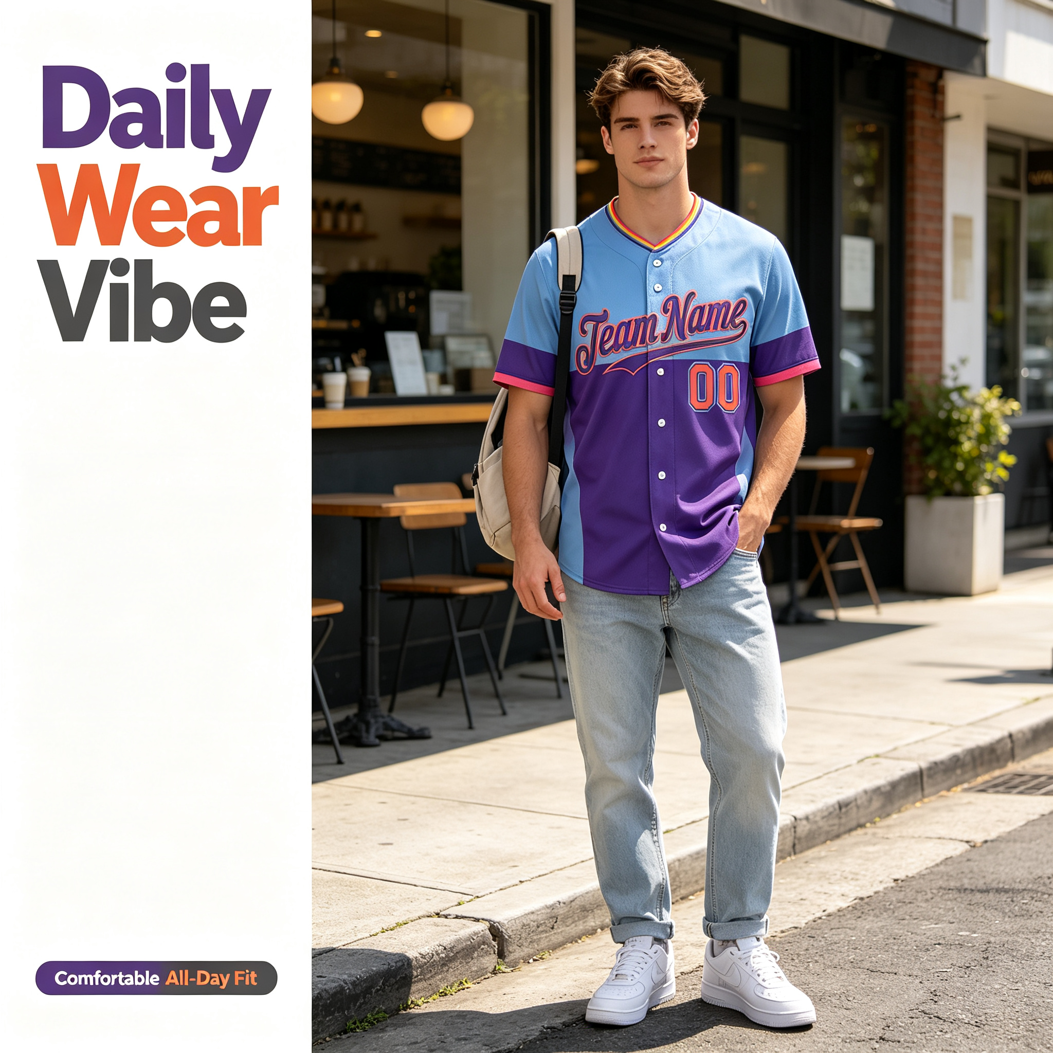 Custom Printed Denver Mountain Style Baseball Jersey Light Blue Purple Color Block Pullover V Neck Shirt for Men and Women