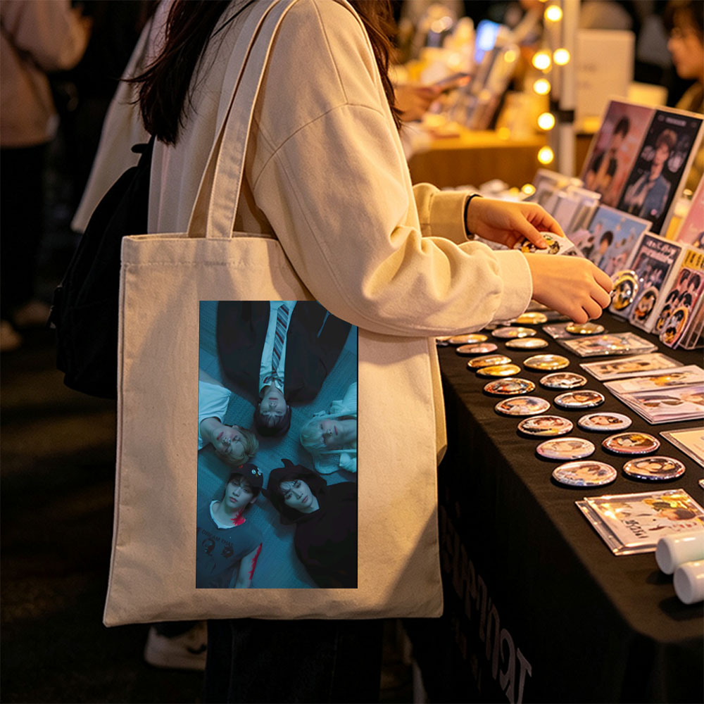 TXT Members Lying in a Circle on the Floor in Moody Blue Lighting - Canvas tote bags