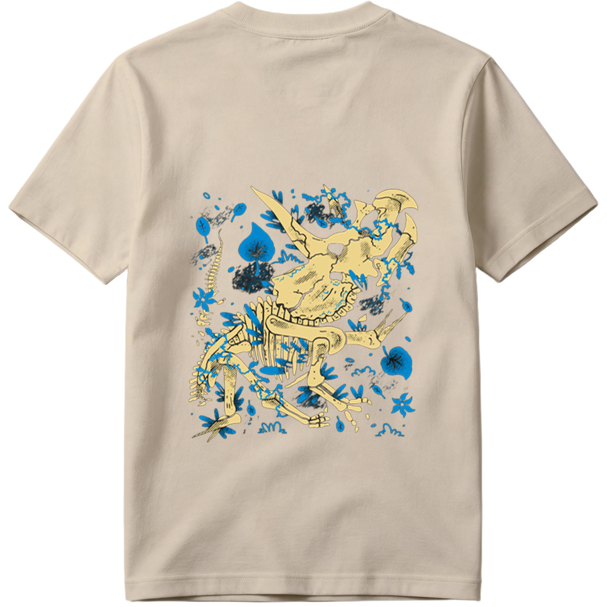 Triceratops Skeleton with Blue Leaves - Tee