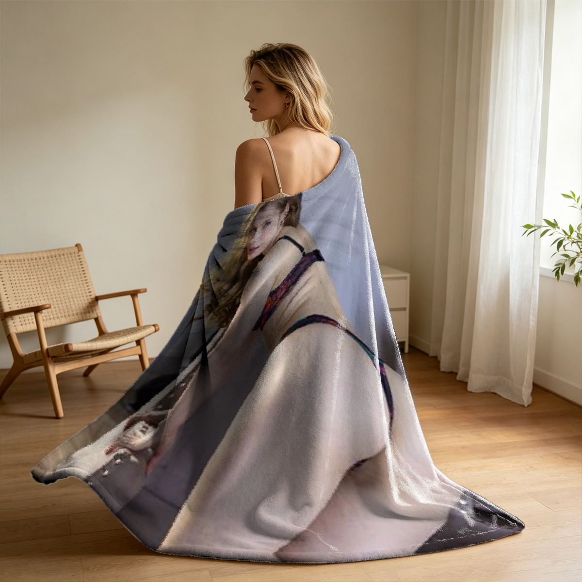 Japanese Woman in Blue Sweater Biting Finger - Blanket