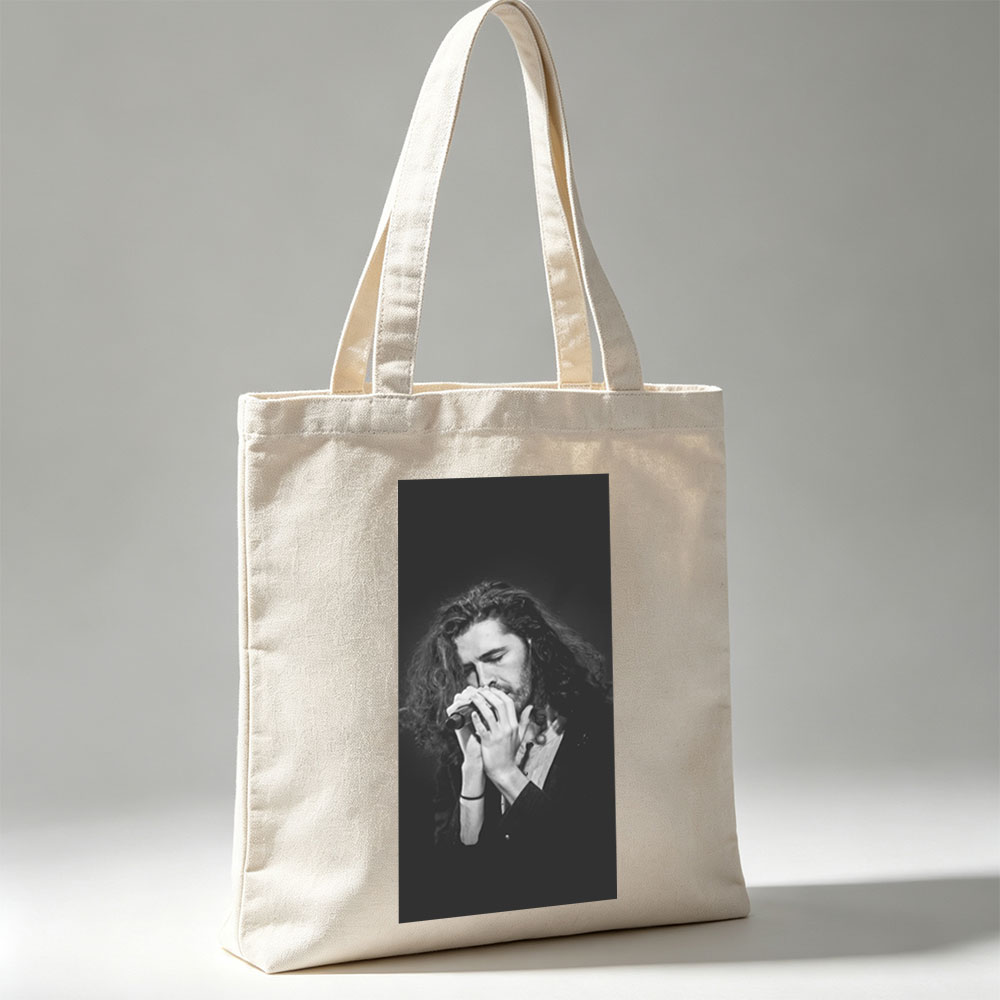 Hozier Performing on Stage Holding Microphone in Black and White - Canvas tote bags
