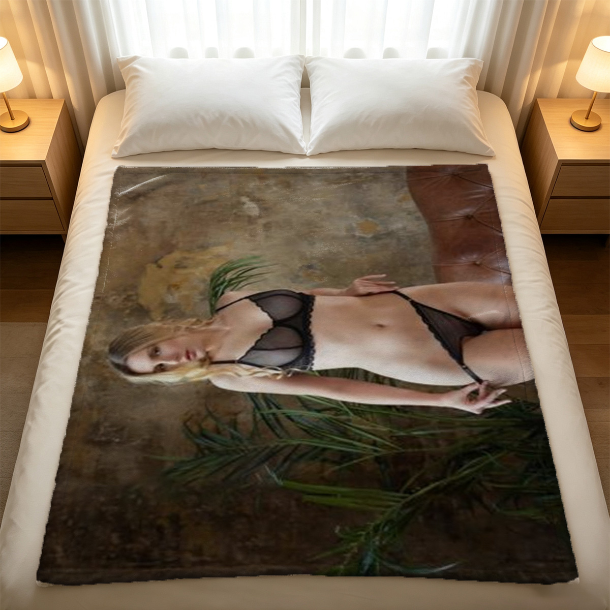 Two nude women embracing on outdoor daybed - Blanket