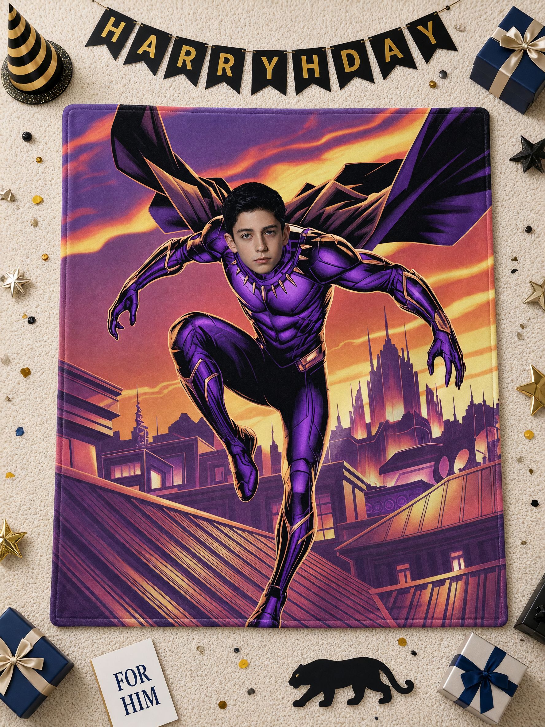 Custom Face Flannel Blanket With Purple Superhero Cityscape Art, Personalized Photo Throw Gift For Kids And Comic Fans