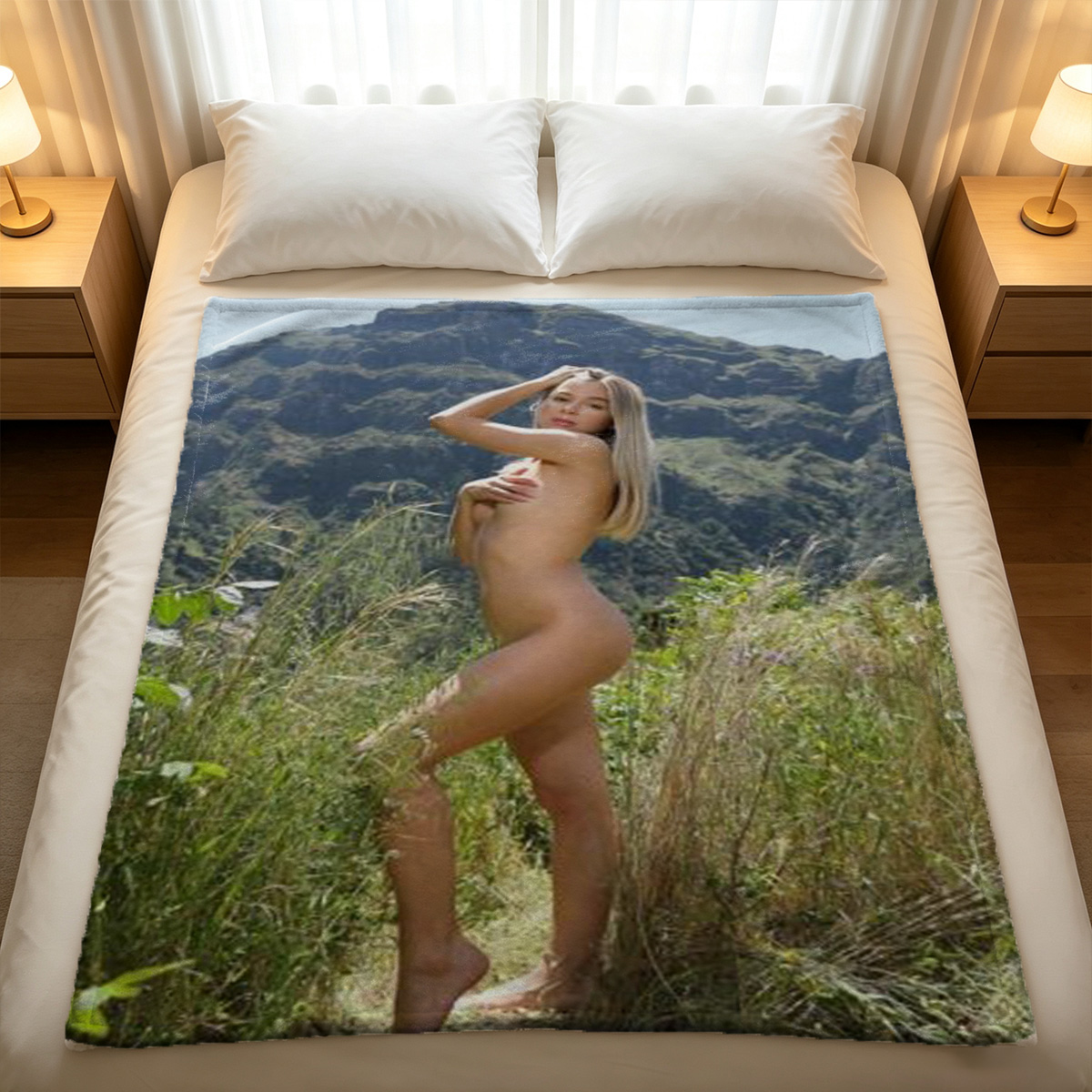 Nude Blonde Holding Hat From Behind - Blanket