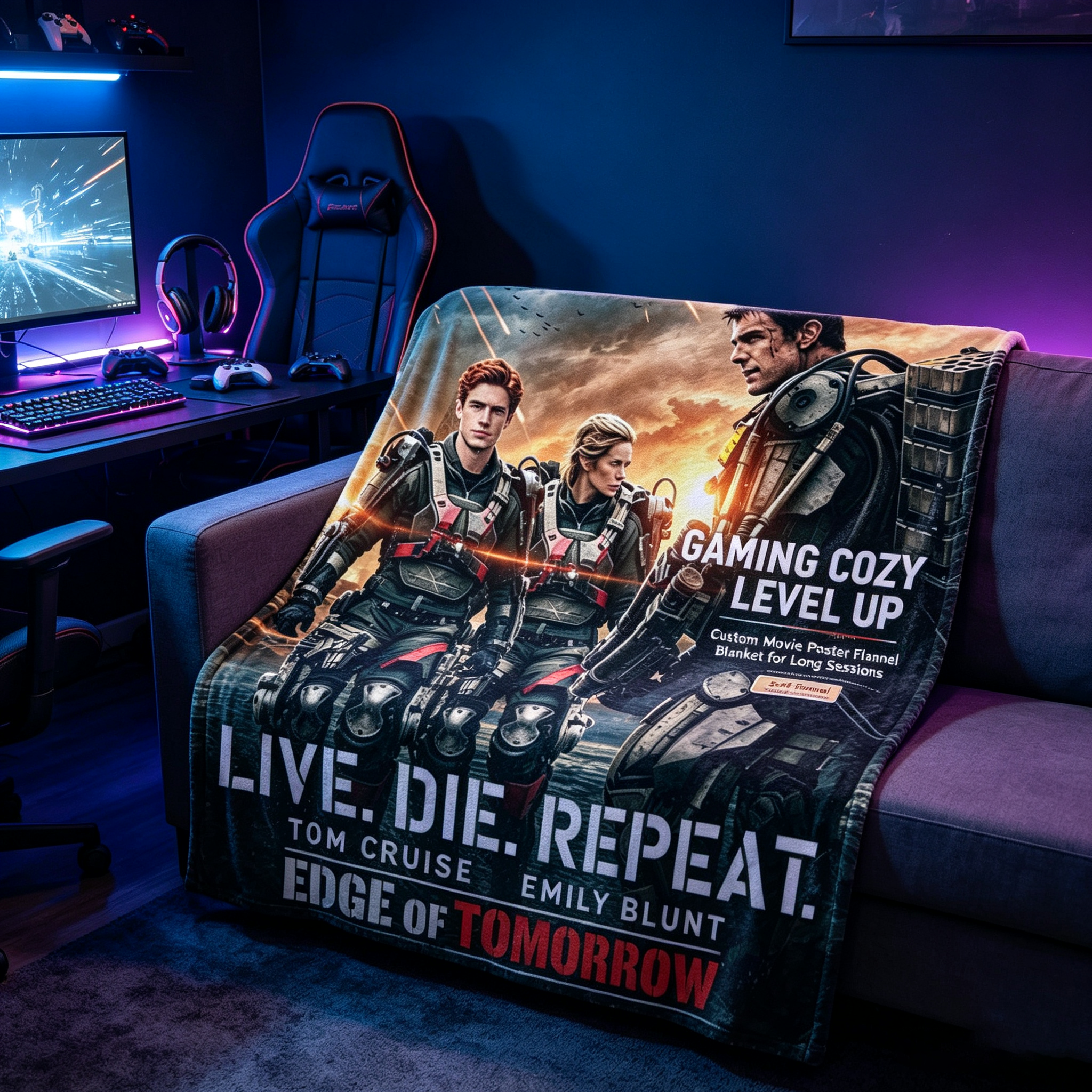 Custom Face Blanket Edge of Tomorrow Movie Characters Flannel Blanket Perfect for Fans of Tom Cruise and Emily Blunt Ideal for Couch, Bed, or Travel Great Gift or Giveaway for Sci-Fi Movie Enthusiasts