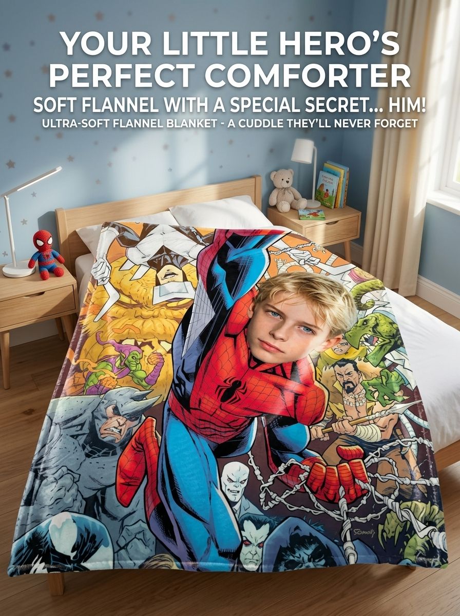 Custom Face Superhero Comic Flannel Blanket Personalized Photo Throw for Kids Ultra Soft Anti-Pilling Cozy Warm Gift