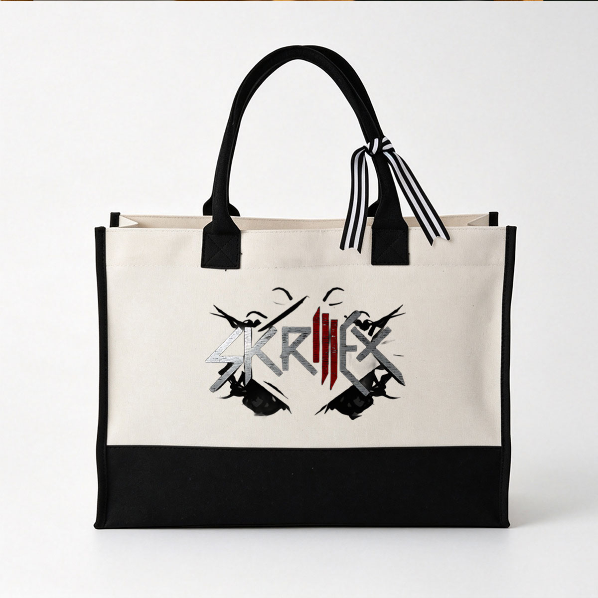Skrillex Logo Design with Distressed Text and Red Accents - Canvas patchwork gift tote bag