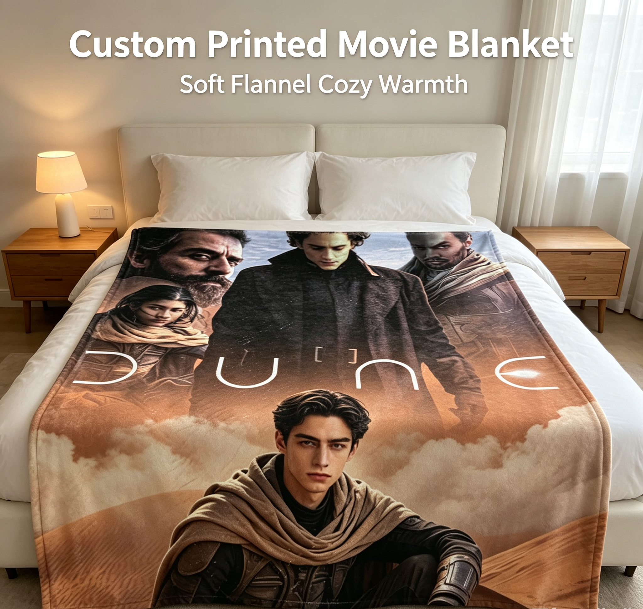 Custom Face Blanket Dune Movie Character Flannel Blanket for Desert Themed Bedroom Decor or Fan Gift Idea
