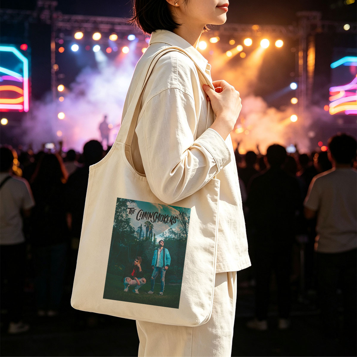 The Chainsmokers in a Lush Garden with Palm Trees and Vibrant Outfits - Canvas shoulder bags/