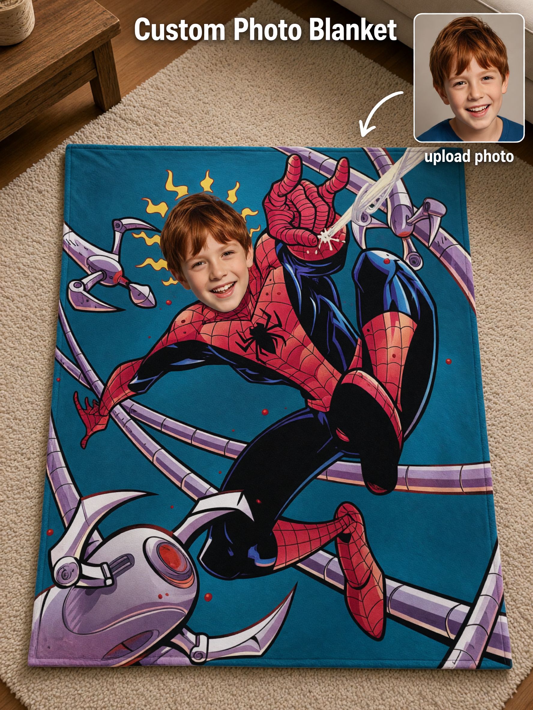 Custom Superhero Photo Face Blanket, Ultra Soft Anti-Pilling Flannel Throw, Ideal Personalized Gift for Kids and Teens