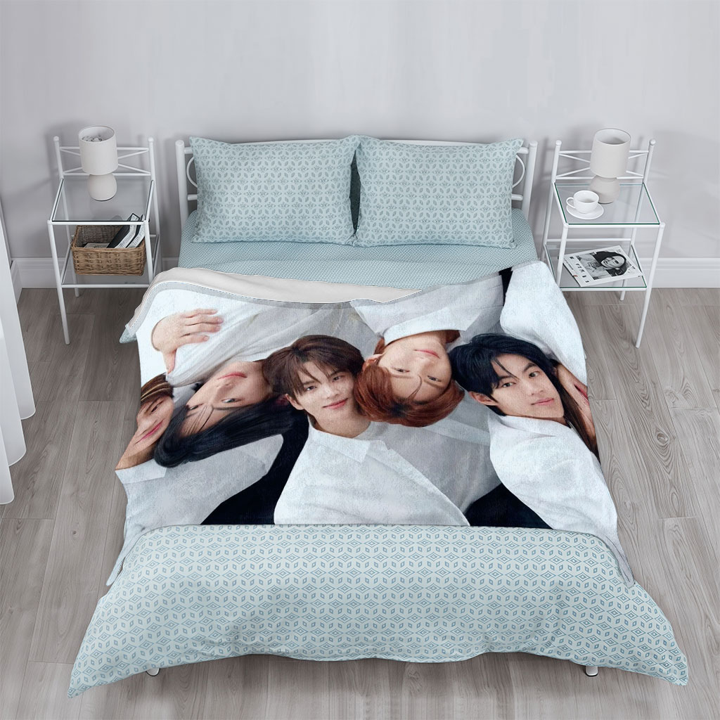 BOYNEXTDOOR Group Photo - Six Members in White Shirts Posing Closely Together on a White Background - Blankets