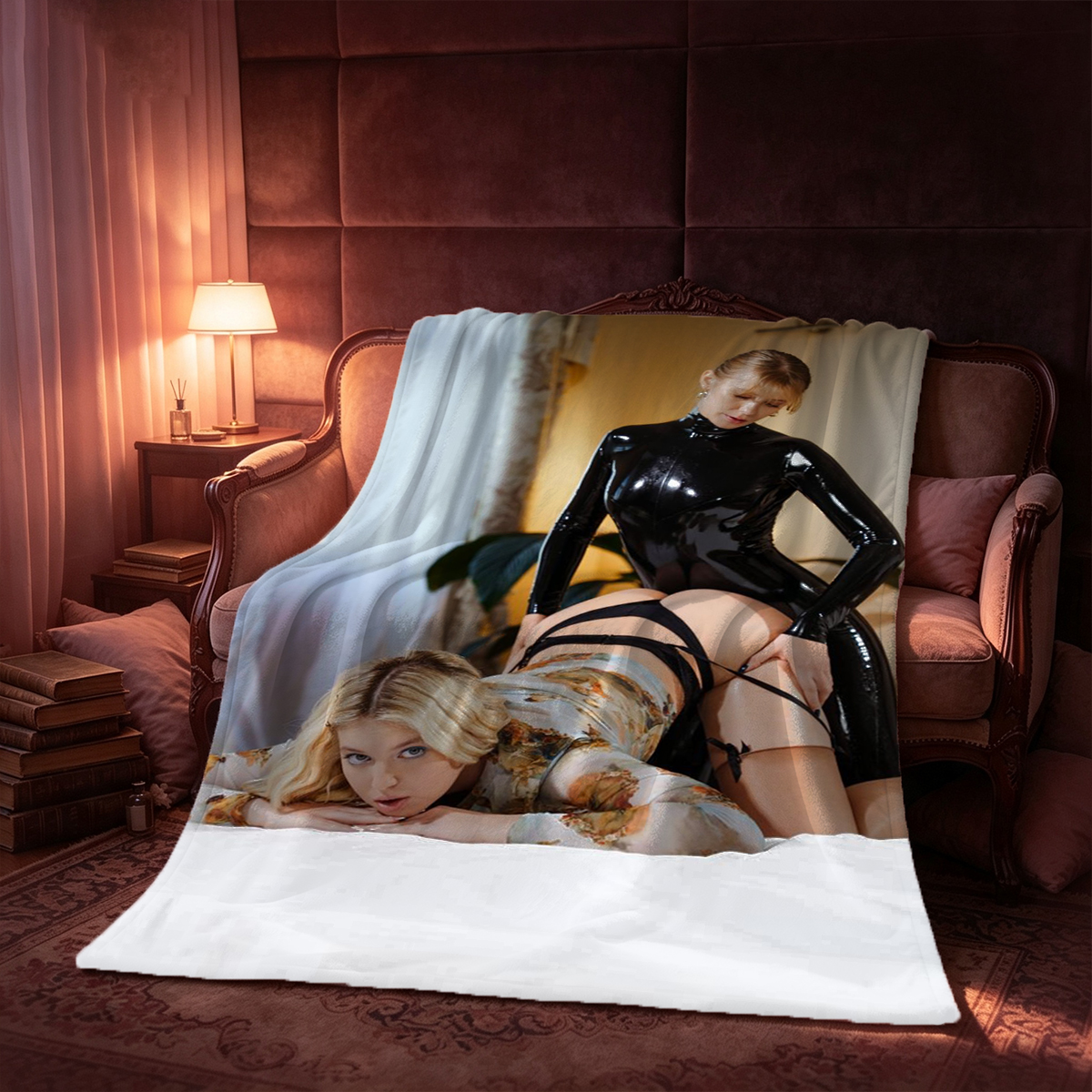 Maid Outfit Girl Posing in Black Latex Dress and Stockings - Blanket