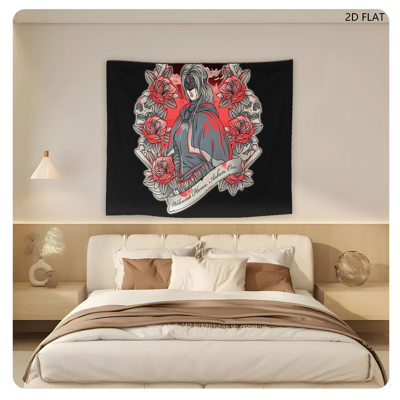 Welcome Home, Ashen One: A Mysterious Figure in a Red and Gray Cloak Surrounded by Roses and Skulls - Tapestry