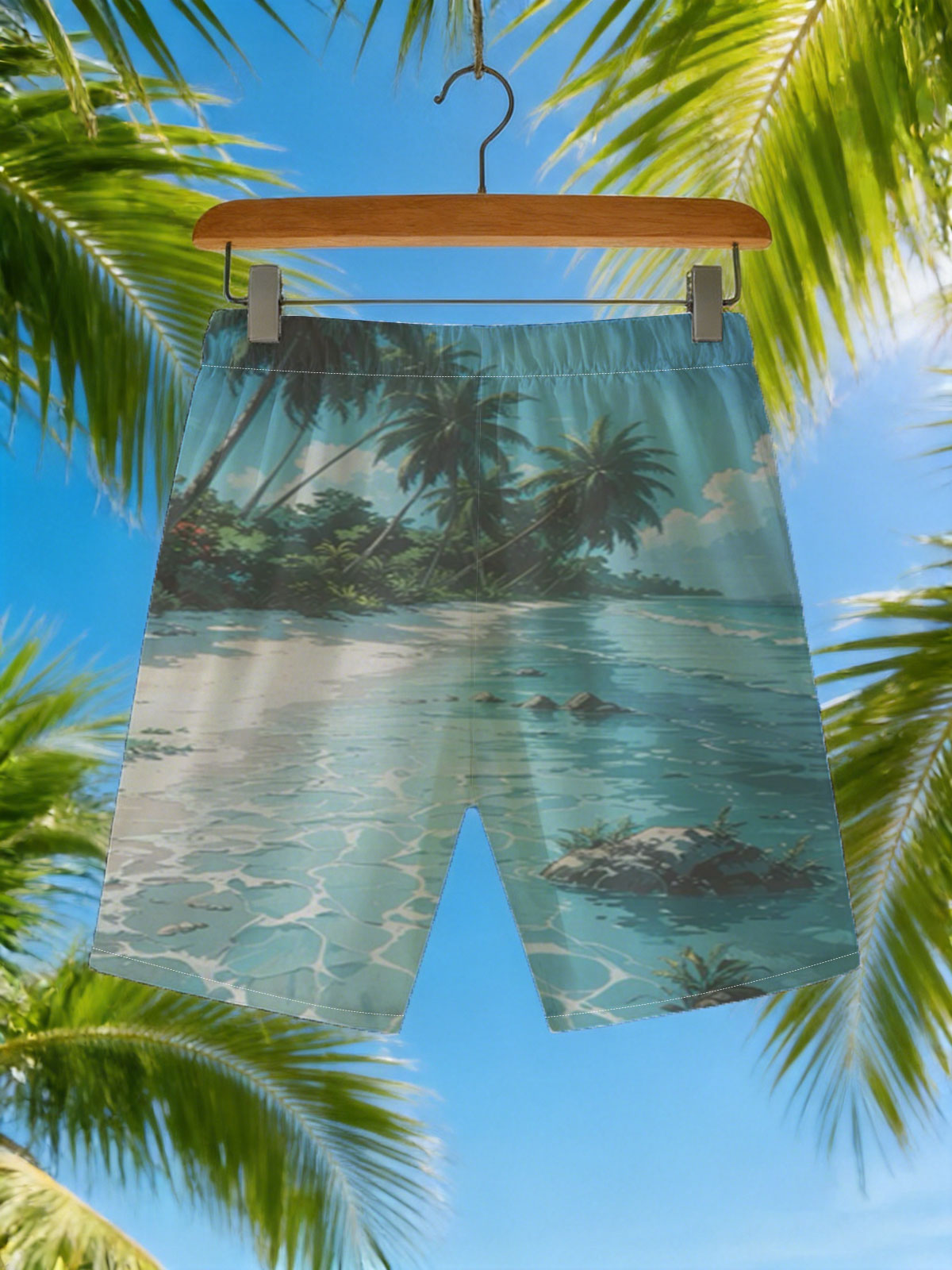 Serene Tropical Beach with Palm Trees and Crystal Clear Water -  Beach shorts