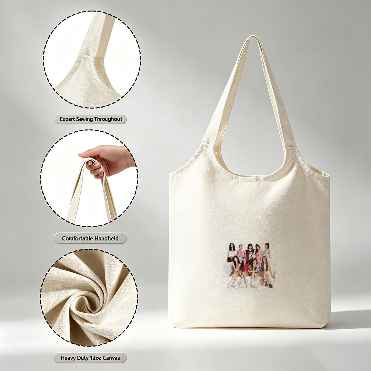 K-pop Girl Group in Casual Outfits Posed on White Background - Canvas shoulder bags/