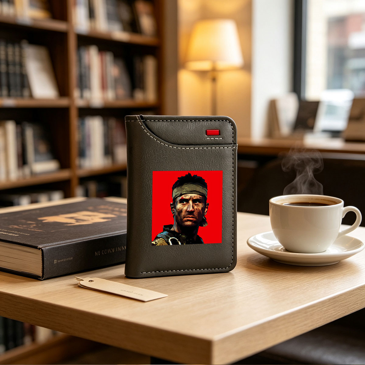 John McClane in Die Hard, intense action hero with headband and rugged look against red background - Vertical Style Wallet