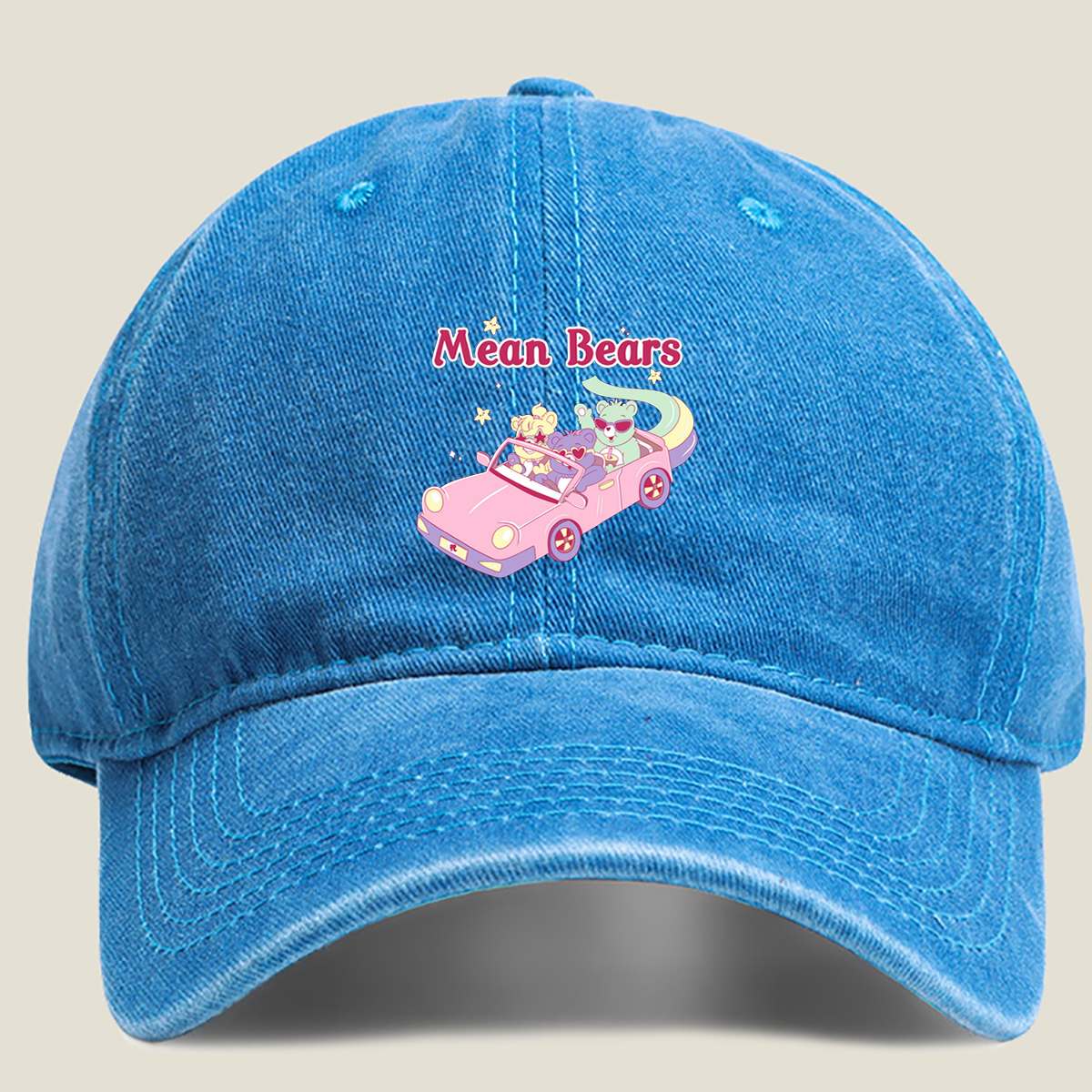 Mean Bears in a Pink Car with Three Cute Characters - Washed Denim - Baseball Cap