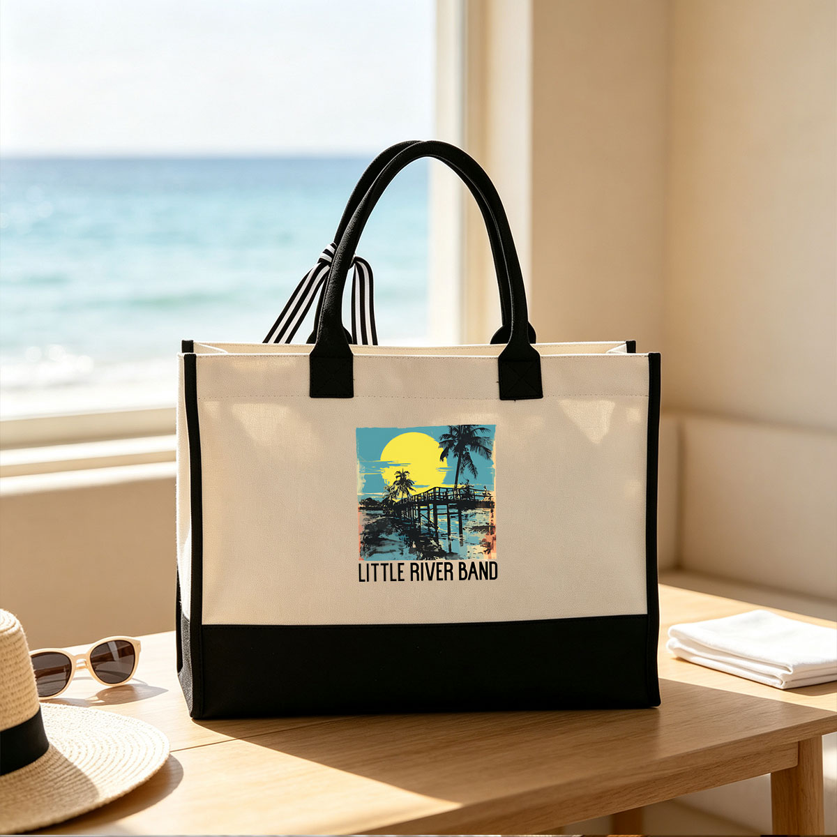 Little River Band - Tropical Sunset Dock Scene - Canvas patchwork gift tote bag