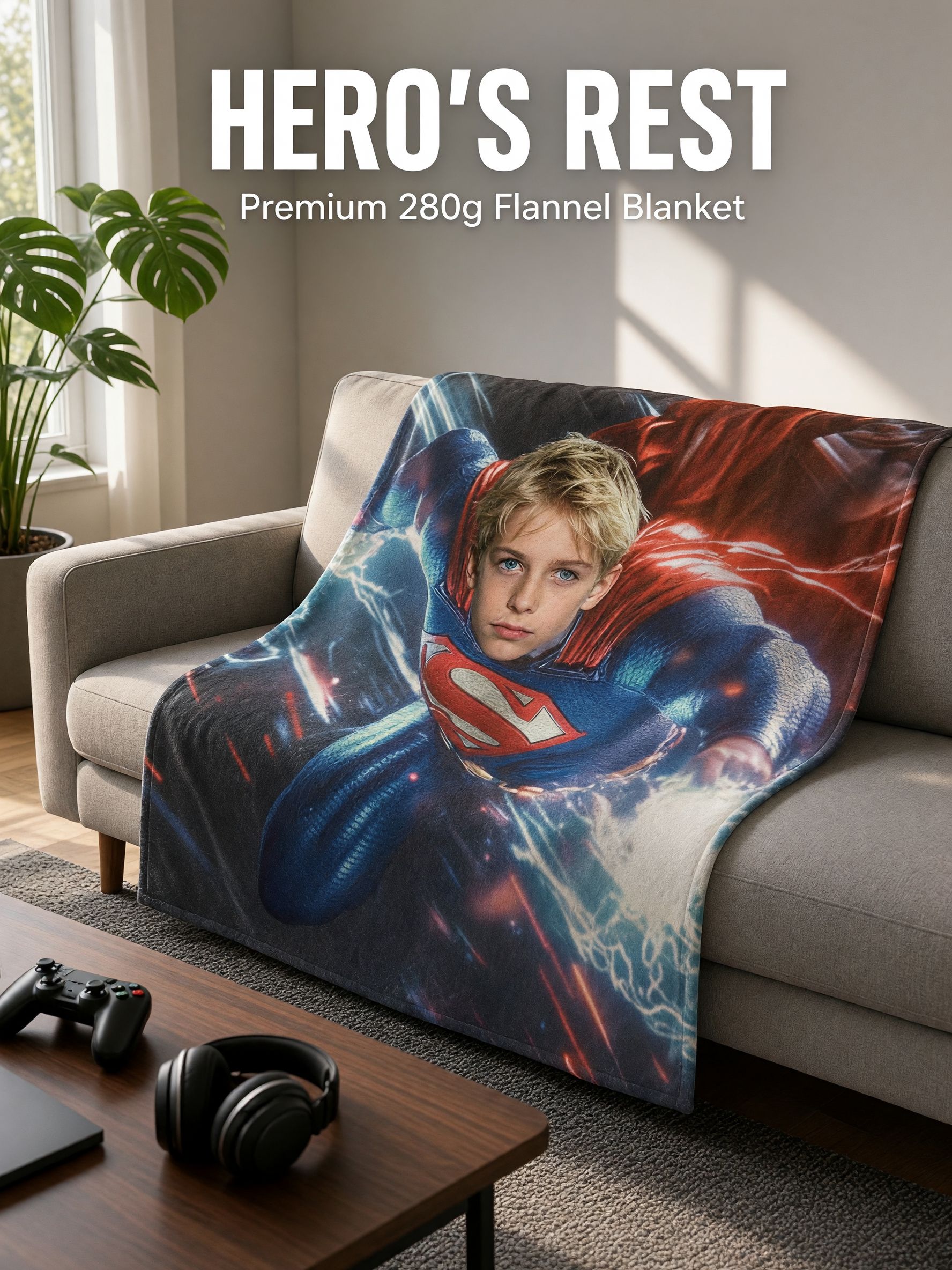 Personalized Superhero Face Photo Blanket, Ultra Soft Flannel Throw for Kids, Ideal Custom Gift