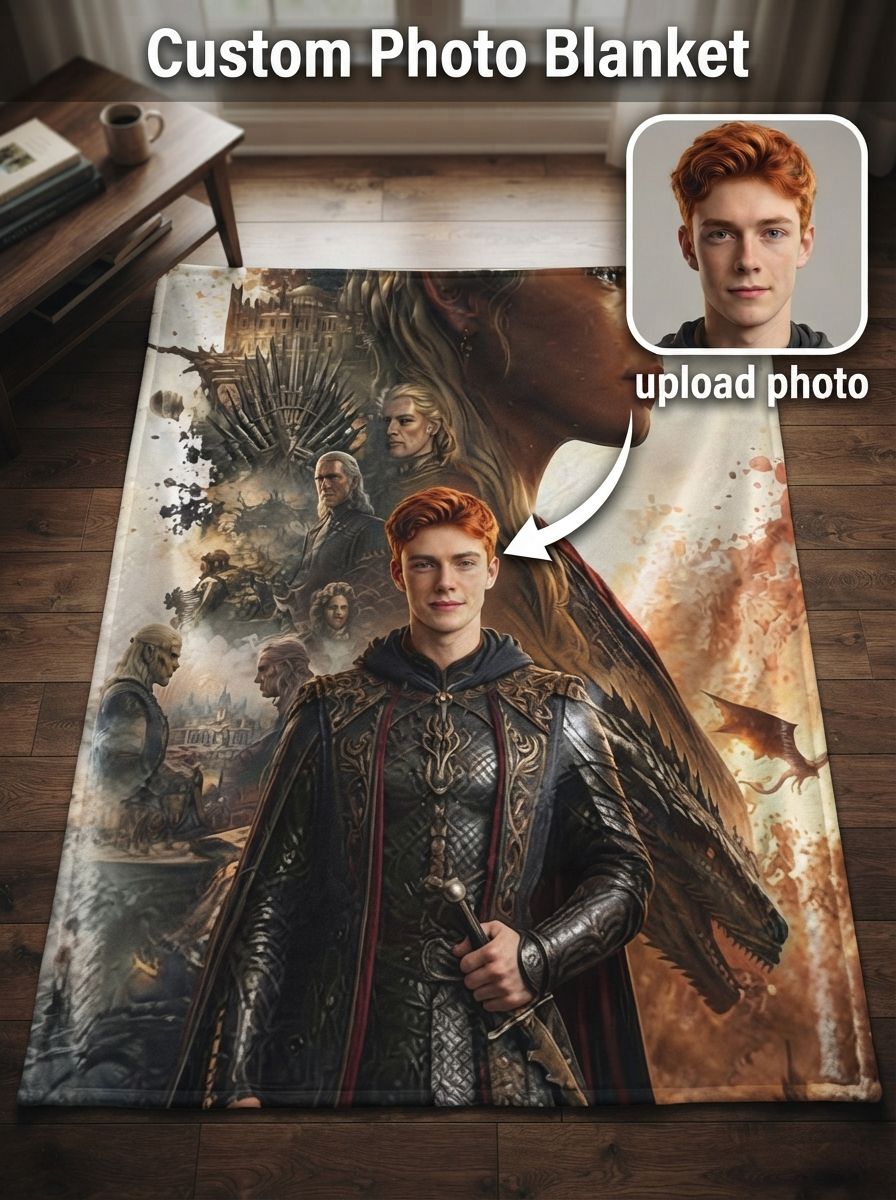 Custom Face Blanket Personalized Fantasy Knight Warrior Print Flannel Throw Cozy Birthday Keepsake Gift