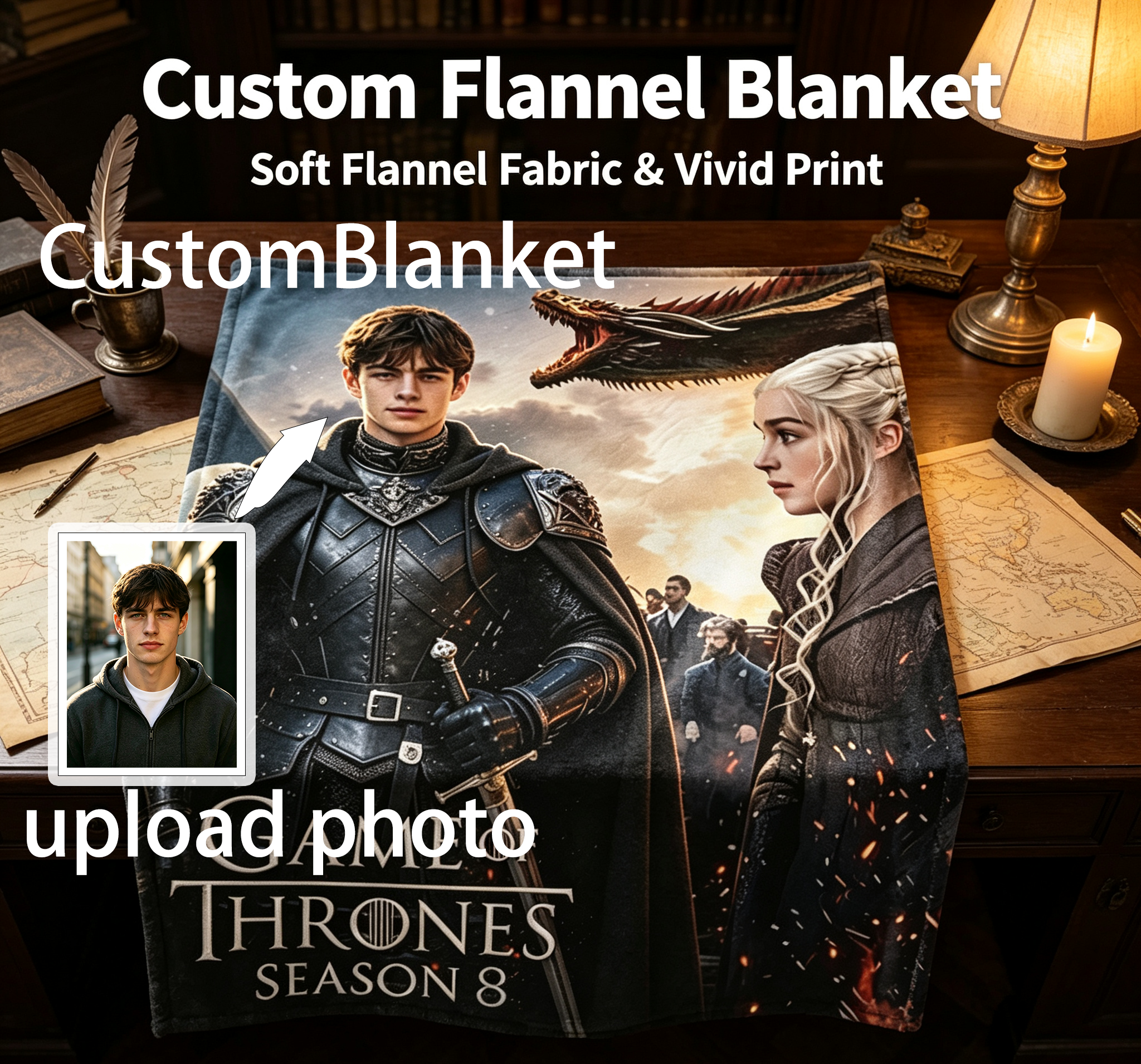 Custom Face Blanket Game of Thrones Season 8 Flannel Blanket for Couch, Bed, or Travel – Perfect Gift or Giveaway for Fans