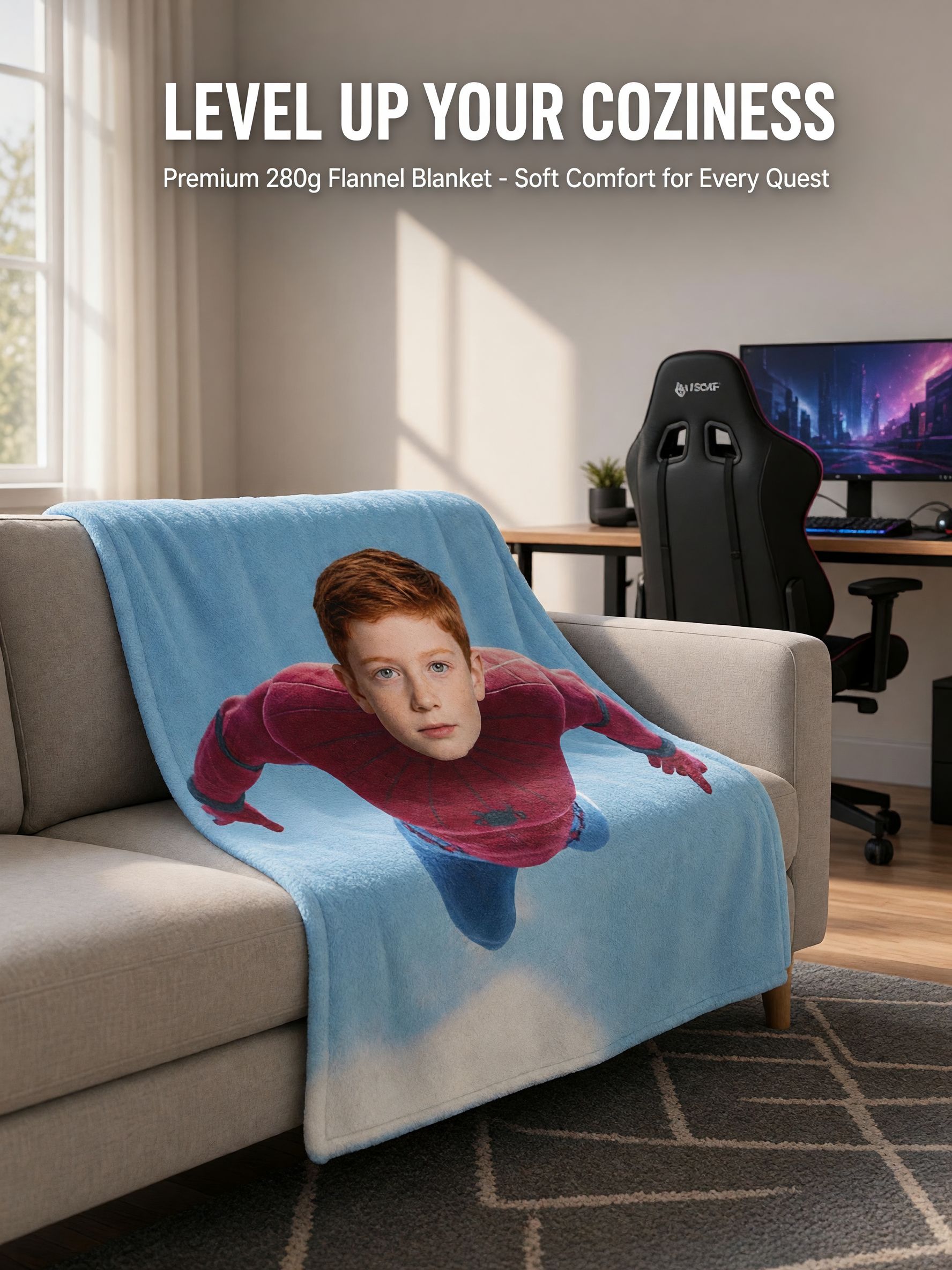 Personalized Face Photo Superhero Blanket Ultra Soft Flannel Fleece Throw Cover for Bed Couch Ideal Custom Cozy Gift