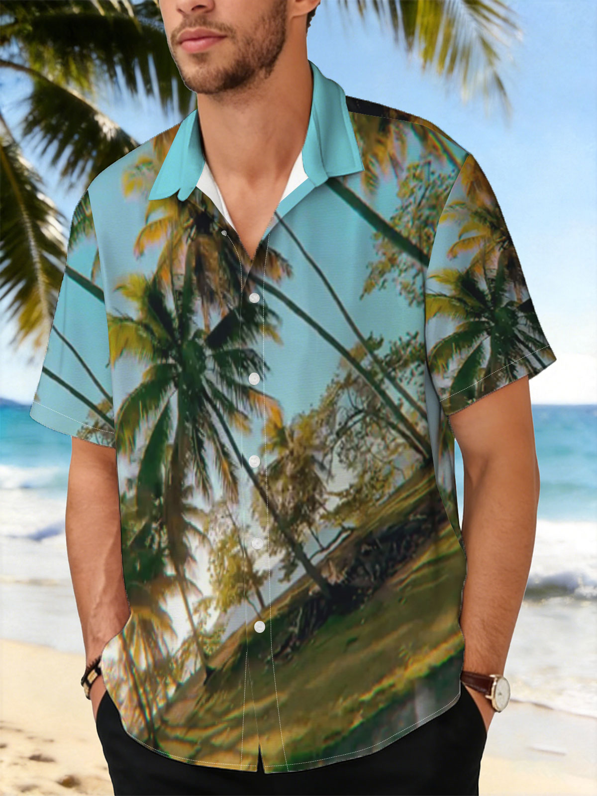 Tropical palm trees sway under a clear blue sky, casting golden shadows on the ground. -  Shirt