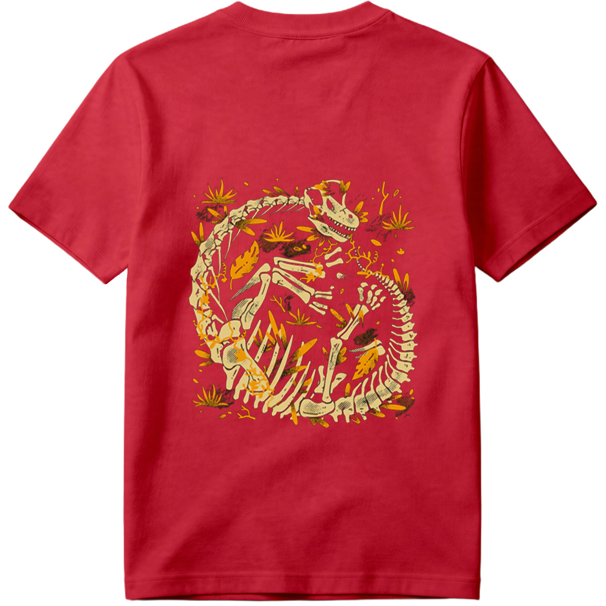 Dinosaur Skeleton in Circular Pose with Foliage - Tee
